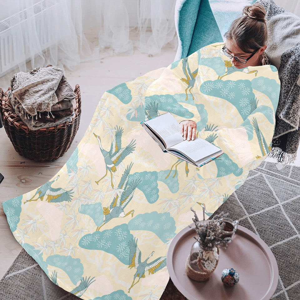 Bonsai bamboo stork japanese pattern cream theme Blanket Robe with Sleeves