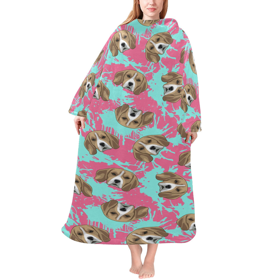 Beagle muzzles turquoise paint splashes pink patte Blanket Robe with Sleeves