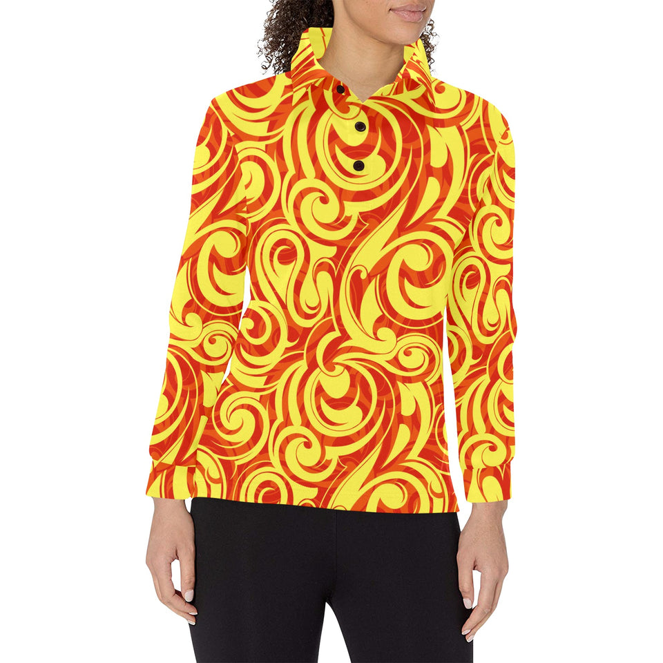 Fire flame design pattern Women's Long Sleeve Polo Shirt