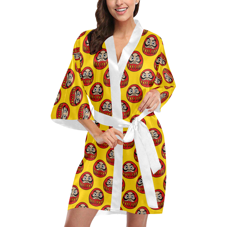 Daruma japanese wooden doll yellow background Women's Short Kimono Robe
