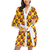 Daruma japanese wooden doll yellow background Women's Short Kimono Robe