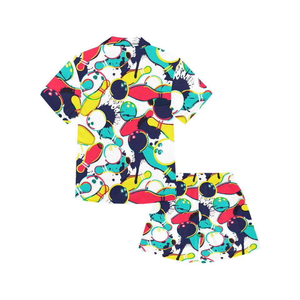 watercolor bowling ball pins Kids' Boys' Girls' V-Neck Short Pajama Set