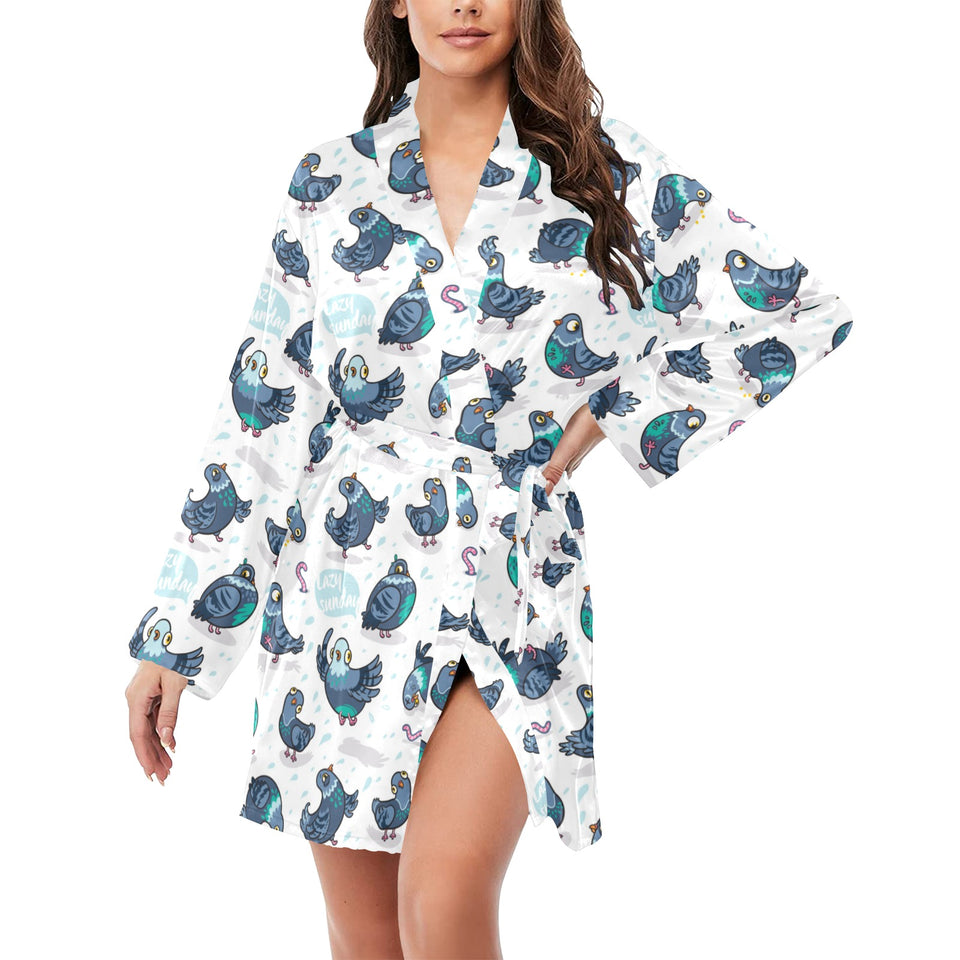 Pigeon Pattern Print Design 02 Women's Long Sleeve Belted Night Robe