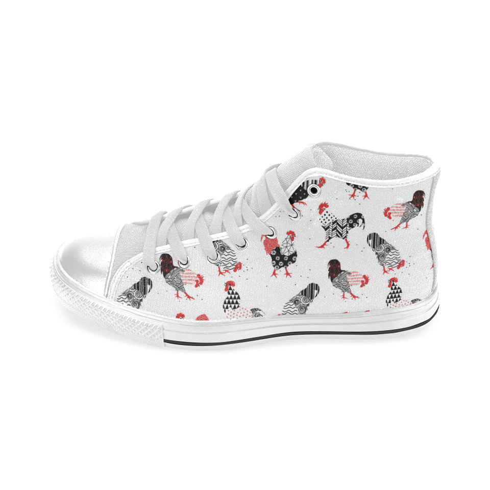 Cool rooster chicken cock floral ornament backgrou Men's High Top Canvas Shoes White