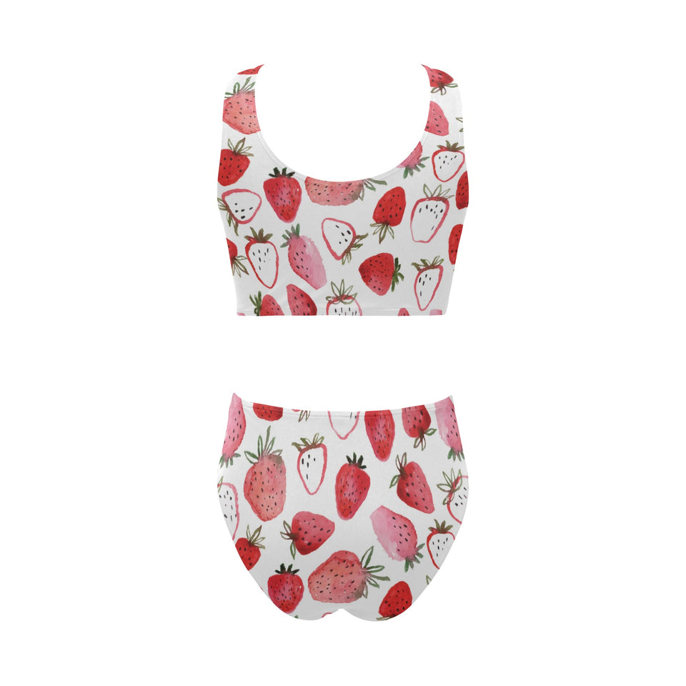 watercolor hand drawn beautiful strawberry pattern Chest Bowknot High Waisted Bikini Swimsuit