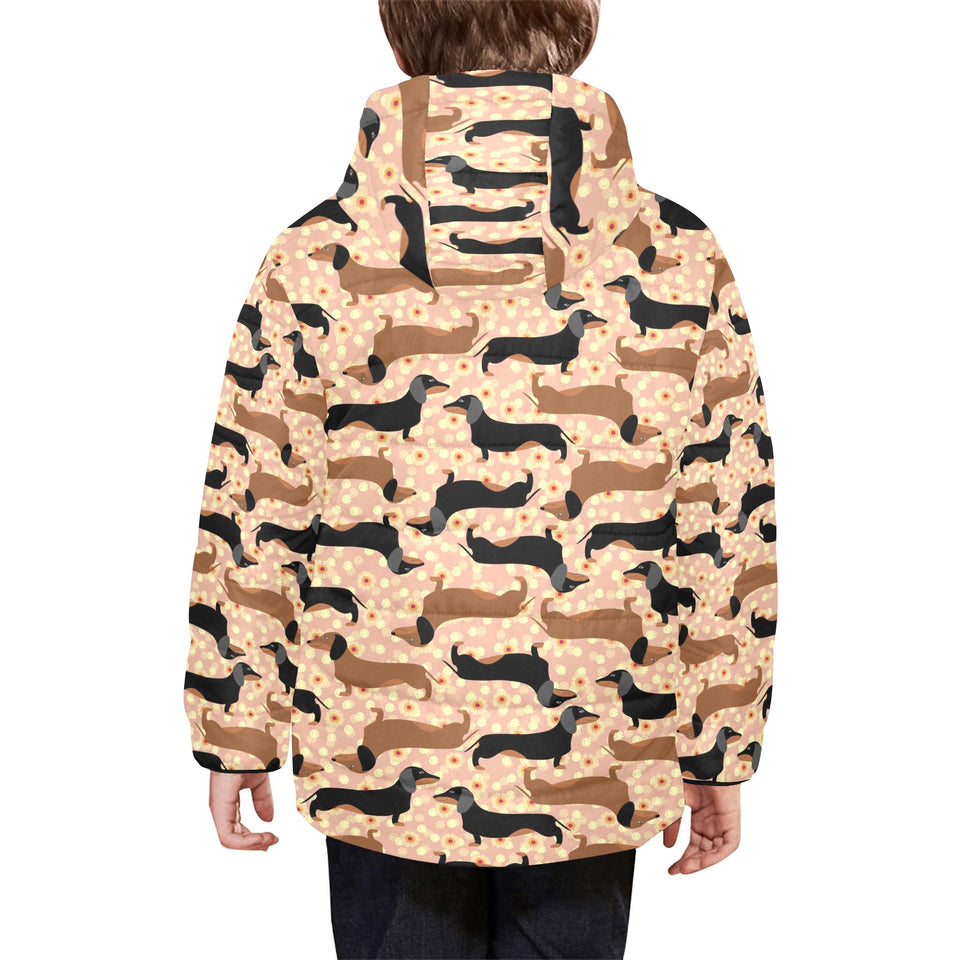 Dachshund floral background Kids' Boys' Girls' Padded Hooded Jacket