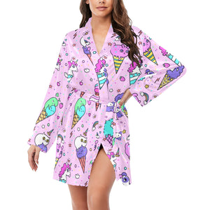 Cute ice cream cone animal pattern Women's Long Sleeve Belted Night Robe