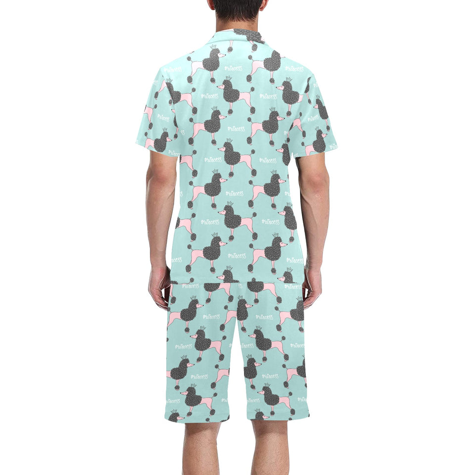 poodle dog green background Men's V-Neck Short Pajama Set