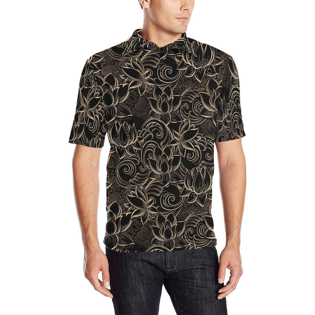 luxurious gold lotus waterlily black background Men's All Over Print Polo Shirt