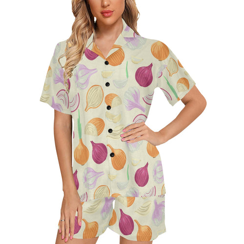 Onion garlic white red pattern Women's V-Neck Short Pajama Set