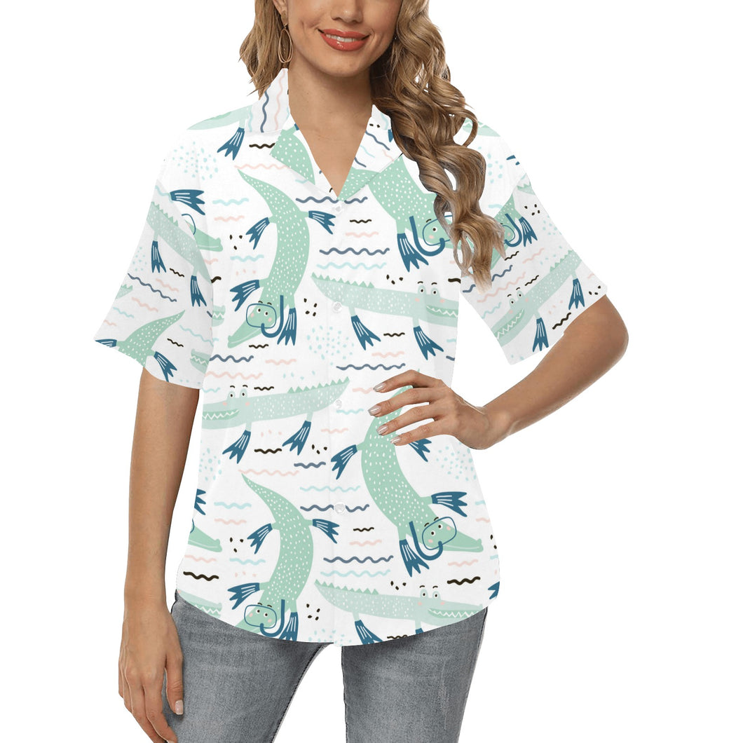 Crocodile diver pattern Women's All Over Print Hawaiian Shirt