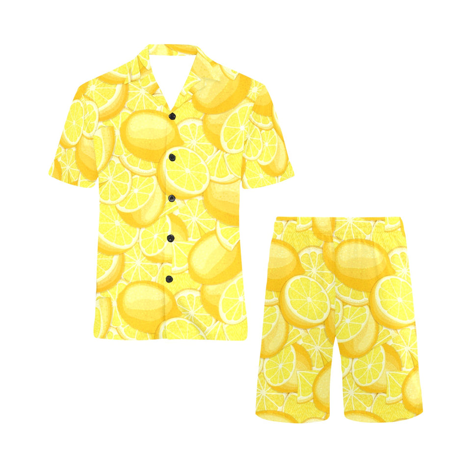 lemon pattern Men's V-Neck Short Pajama Set