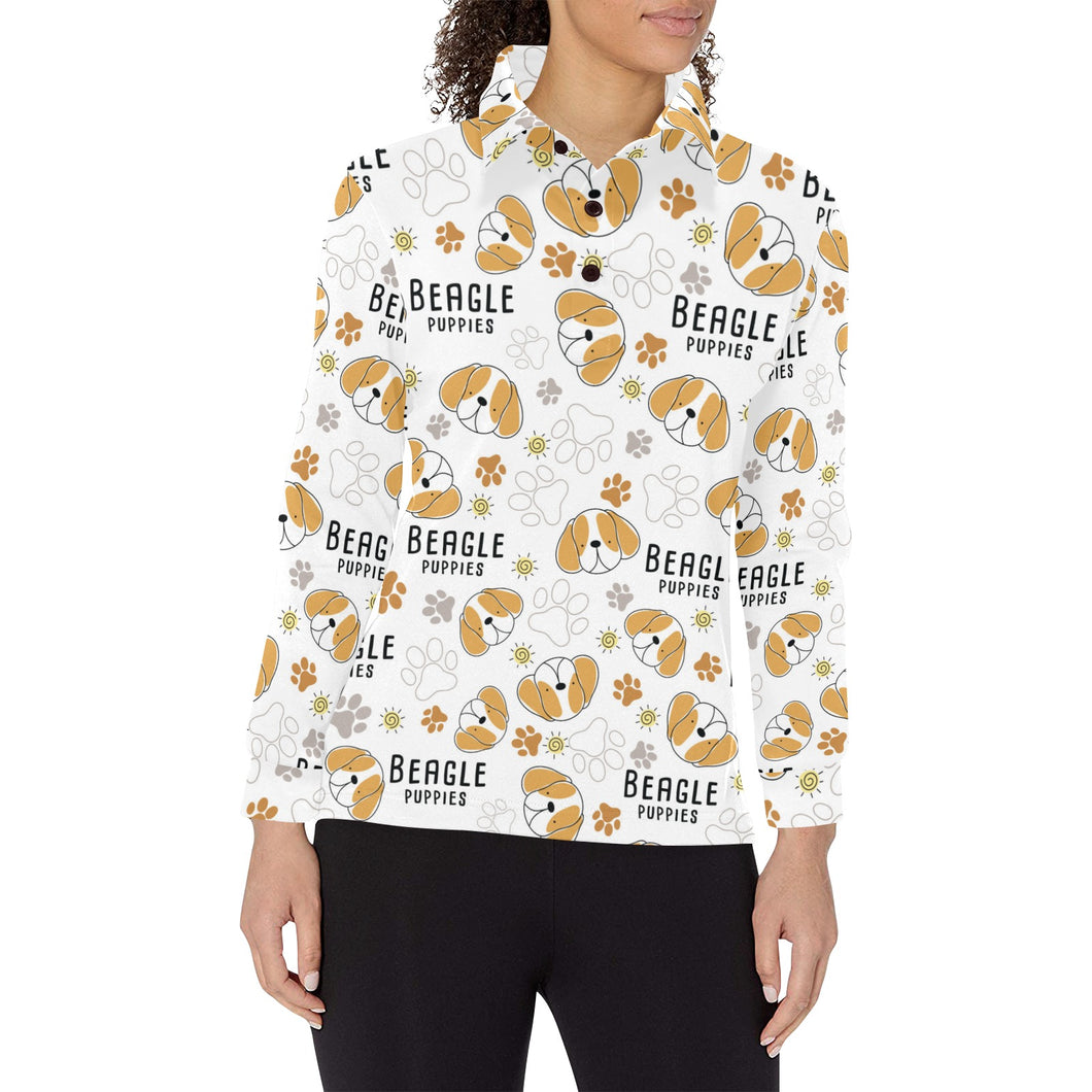 Cute beagle dog pattern background Women's Long Sleeve Polo Shirt