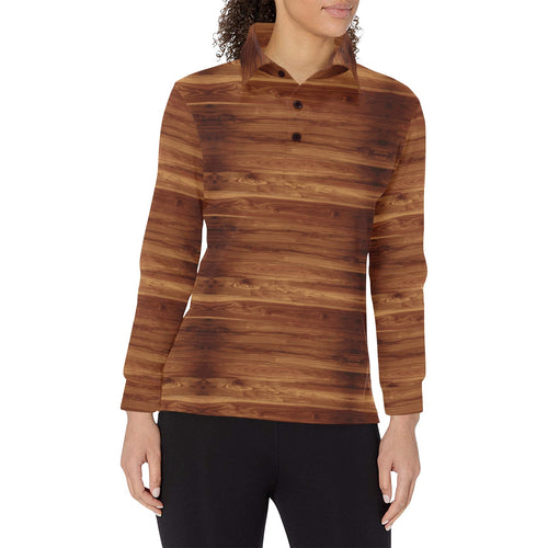 Wood Printed Pattern Print Design 04 Women's Long Sleeve Polo Shirt