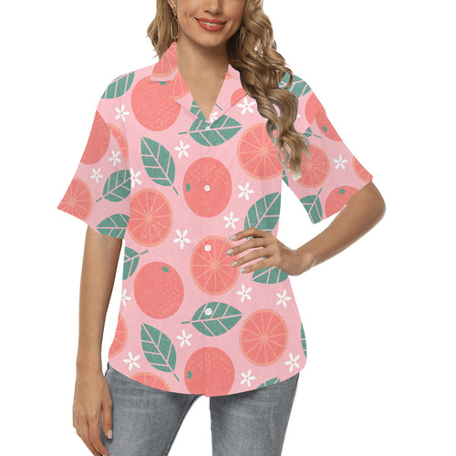 Grapefruit leaves flower pink background Women's All Over Print Hawaiian Shirt