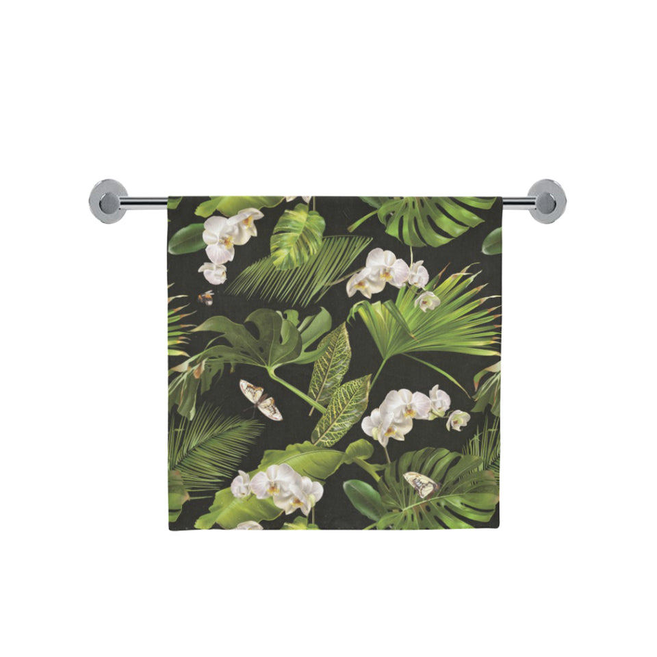White orchid flower tropical leaves pattern blackg Bath Towel