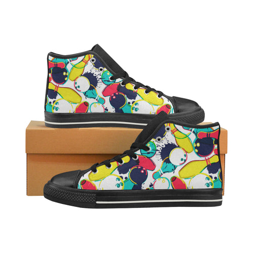 watercolor bowling ball pins Women's High Top Canvas Shoes Black