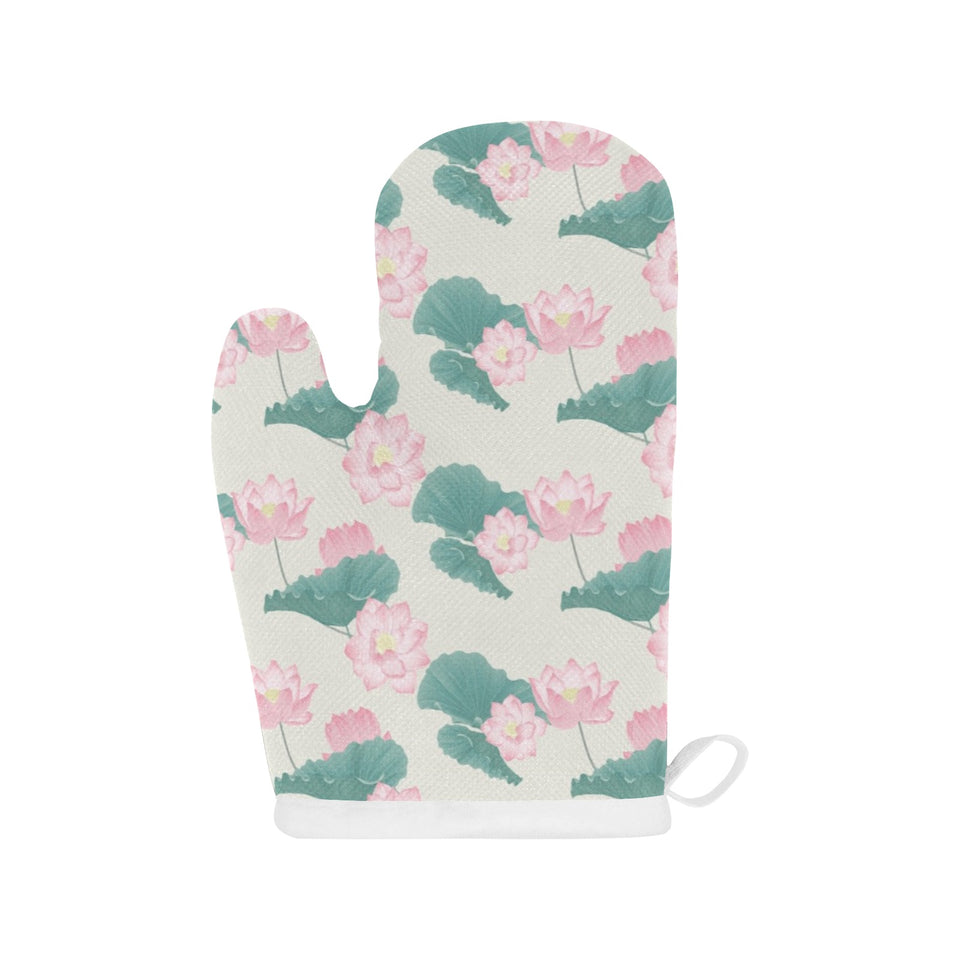 Pink lotus waterlily leaves pattern Heat Resistant Oven Mitts