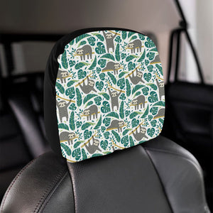 Cute sloths tropical palm leaves white background Car Headrest Cover
