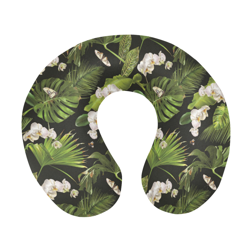 White orchid flower tropical leaves pattern blackg U-Shaped Travel Neck Pillow
