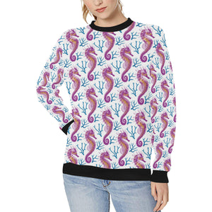 Purple seahorse blue coral pattern Women's Crew Neck Sweatshirt