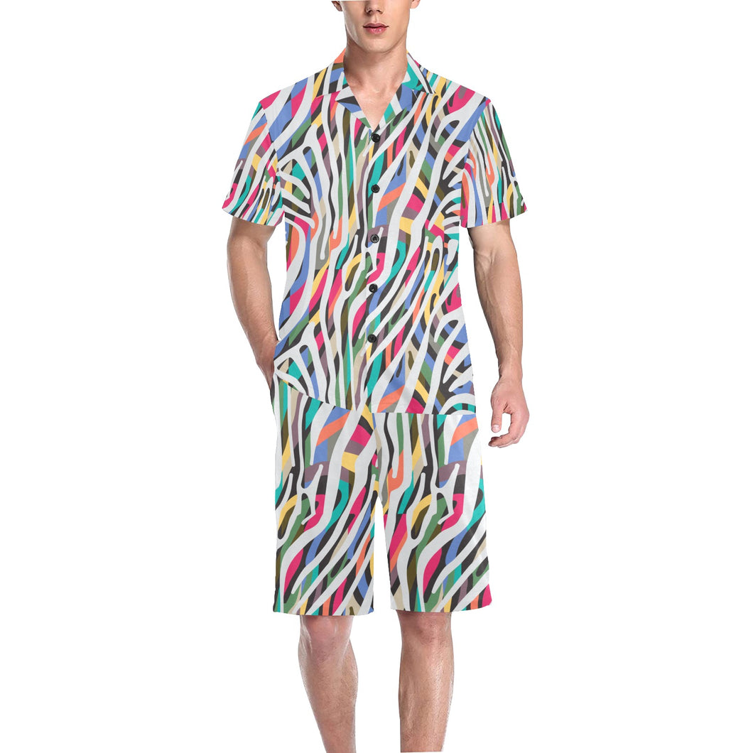 Colorful zebra skin pattern Men's V-Neck Short Pajama Set