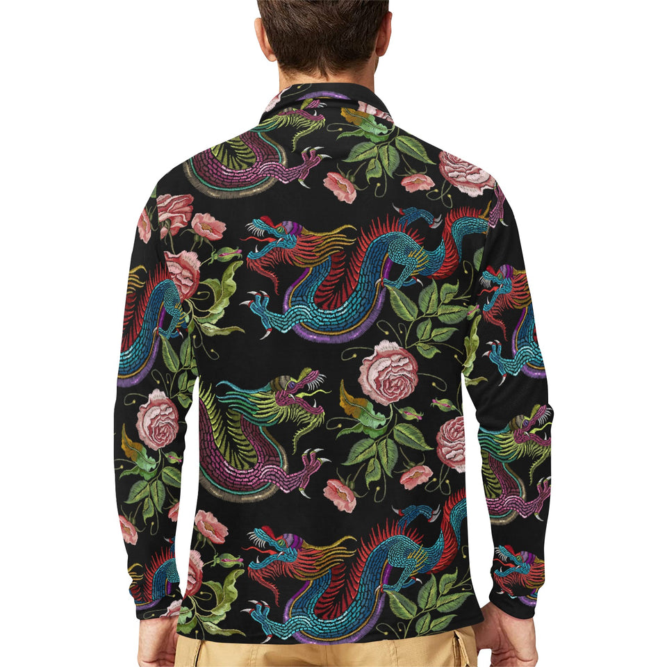 Dragons flower pattern Men's Long Sleeve Polo Shirt