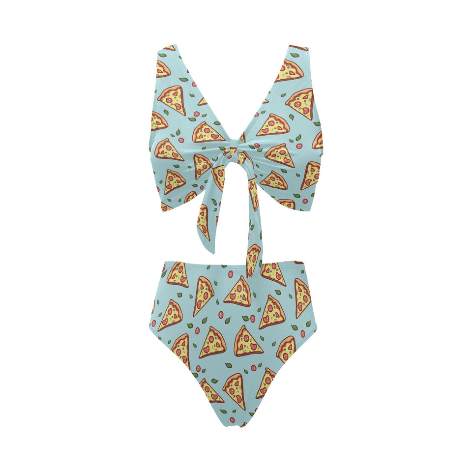 Hand drawn pizza blue background Chest Bowknot High Waisted Bikini Swimsuit