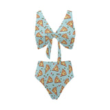 Hand drawn pizza blue background Chest Bowknot High Waisted Bikini Swimsuit
