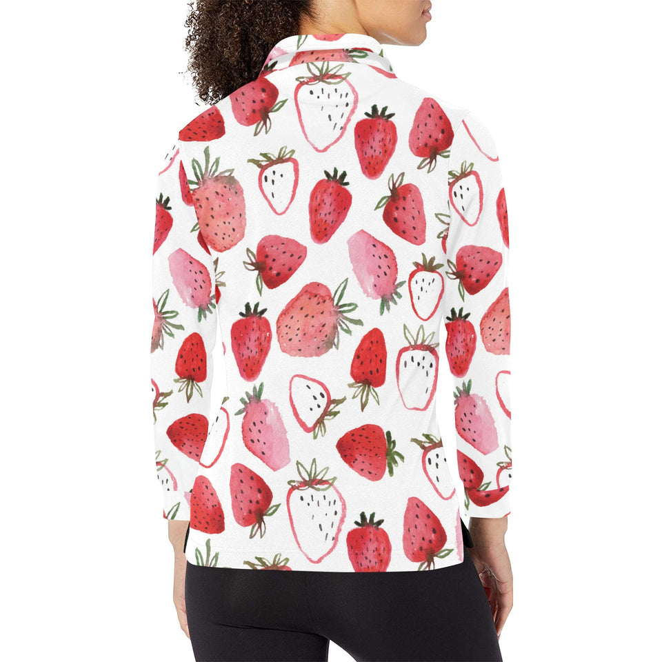 watercolor hand drawn beautiful strawberry pattern Women's Long Sleeve Polo Shirt