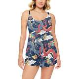 Blue red dragon cloud pattern Chest Sexy Pleated Two Piece Swim Dress