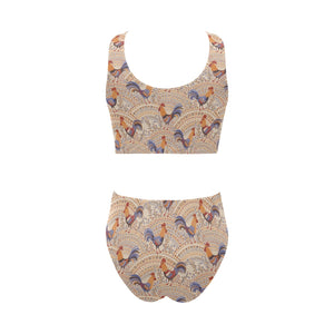 Cute rooster chicken cock floral ornament backgrou Chest Bowknot High Waisted Bikini Swimsuit
