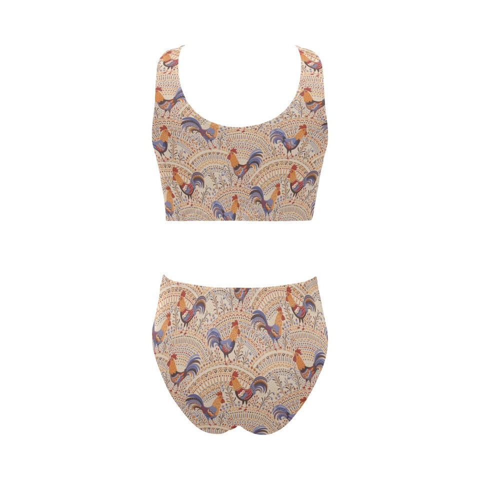 Cute rooster chicken cock floral ornament backgrou Chest Bowknot High Waisted Bikini Swimsuit