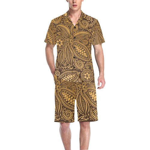 cacao beans tribal polynesian pattern background Men's V-Neck Short Pajama Set