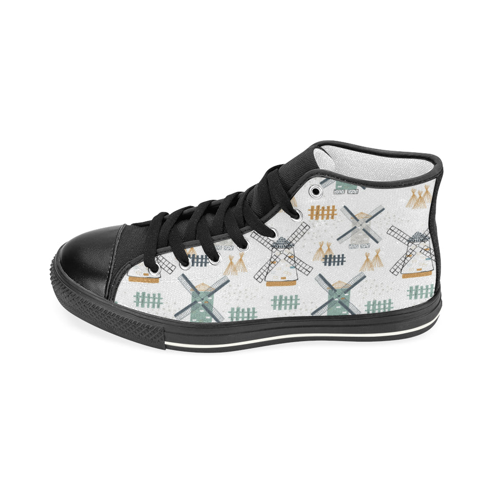 windmill pattern Women's High Top Canvas Shoes Black
