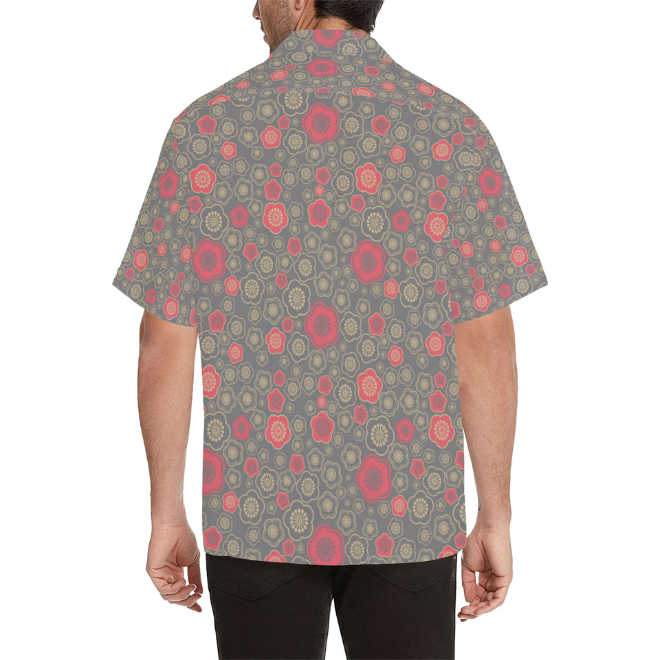 Red gold Sakura cherry blossom gray background Men's All Over Print Hawaiian Shirt