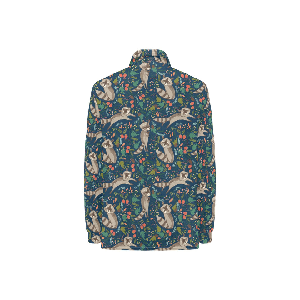 Raccoon tropical leaves pattern Women's Long Sleeve Polo Shirt