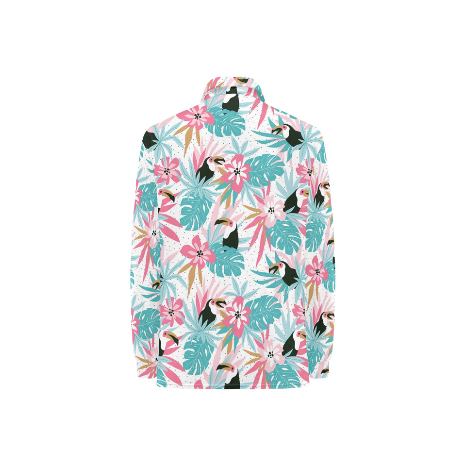 Toucan tropical flower leave pattern Women's Long Sleeve Polo Shirt