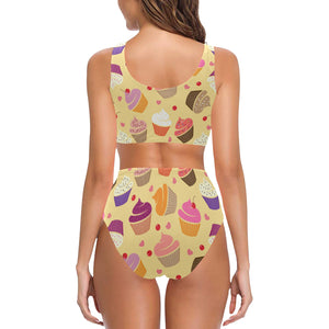 cake cupcake heart cherry pattern Chest Bowknot High Waisted Bikini Swimsuit