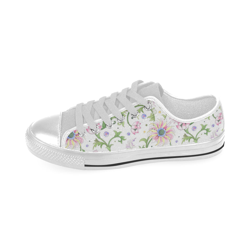 Beautiful pink lotus waterlily leaves pattern Men's Low Top Canvas Shoes White