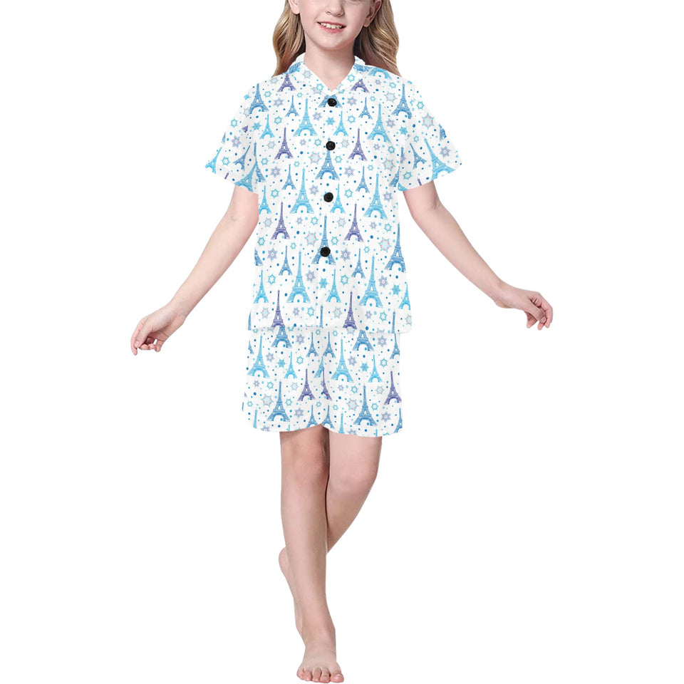 Blue Eiffel Tower Theme Pattern Print Design 01 Kids' Boys' Girls' V-Neck Short Pajama Set