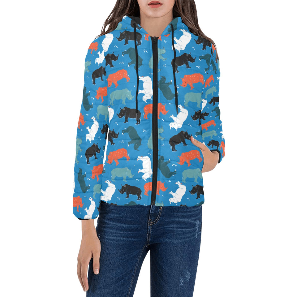 Colorful rhino pattern Women's Padded Hooded Jacket