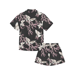 Japanese crane pink sakura pattern Kids' Boys' Girls' V-Neck Short Pajama Set