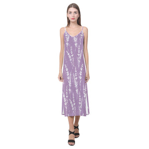 Lavender flowers purple pattern V-Neck Open Fork Long Dress