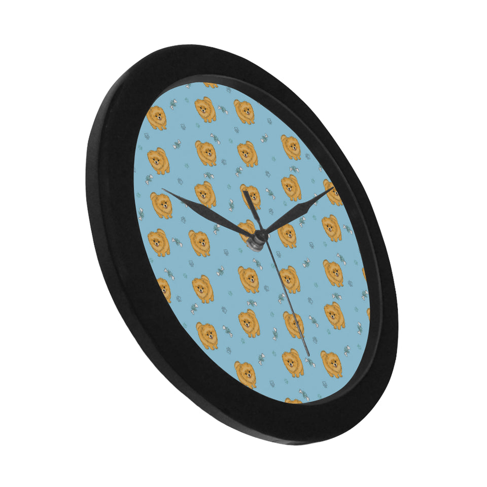 Brown cute pomeranian blue blackground Elegant Black Wall Clock