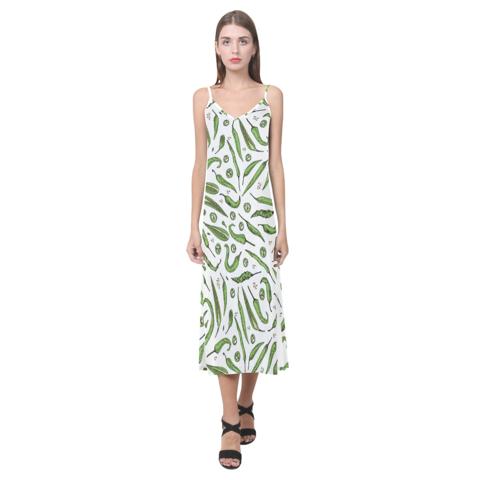Hand drawn sketch style green Chili peppers patter V-Neck Open Fork Long Dress