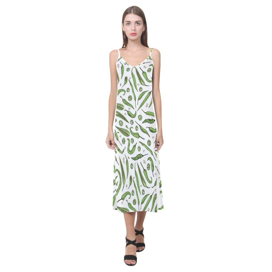 Hand drawn sketch style green Chili peppers patter V-Neck Open Fork Long Dress