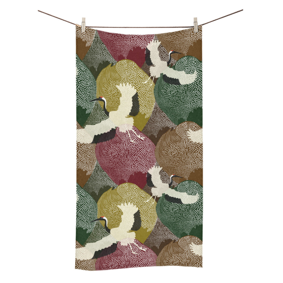 Japanese cranes flying forest dot pattern Bath Towel