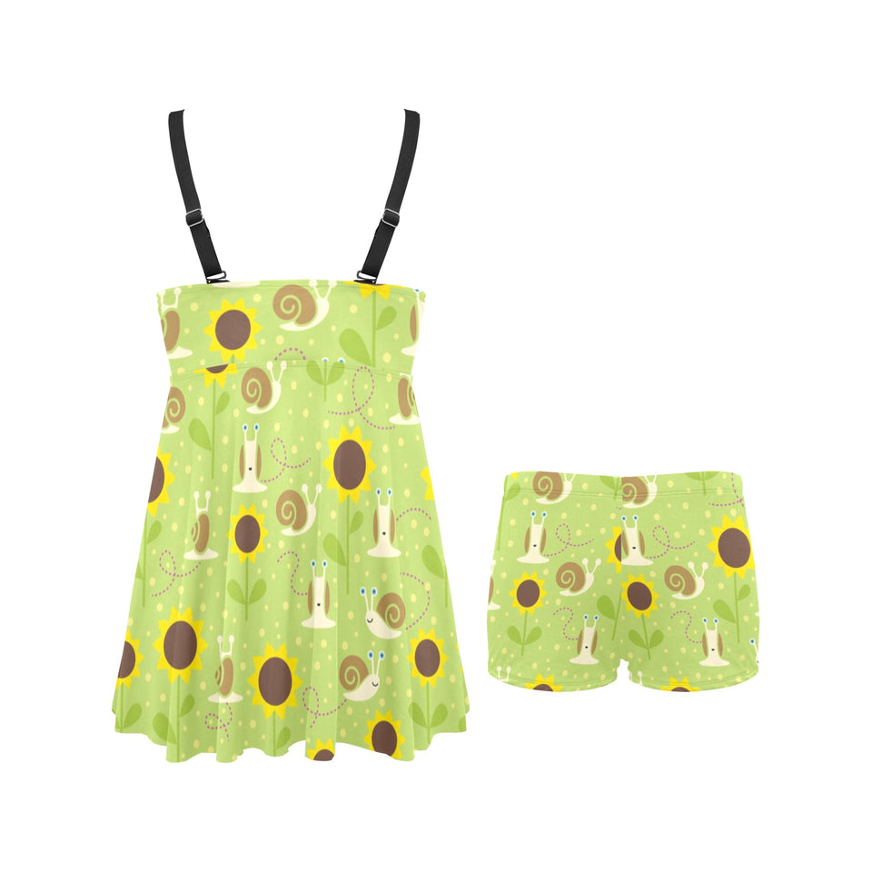 Snail Pattern Print Design 01 Chest Sexy Pleated Two Piece Swim Dress