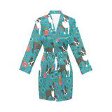 Boston terrier beautiful flower pattern Women's Long Sleeve Belted Night Robe